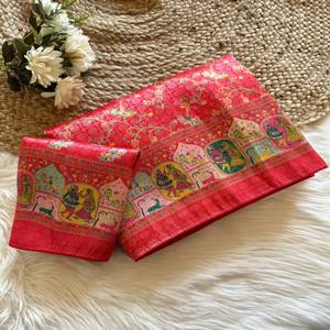 Sari de Seda Suave VASTRA COTTAGE con Tejido Jacquard Zari, Diseño de Estampado Digital Pashmina, Ribete Dori y Blusa a Juego - Product Image 3