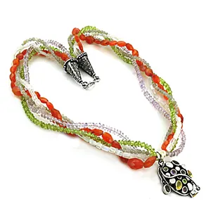 Collier pour femme en perles multi-gemmes, pendentif en argent sterling, style bohème-classique-religieux, avec quartz, perle, agate, grenat - Product Image 1