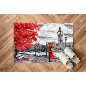 Tapis à feuilles rouges, Tapis de salon, Tapis paysager, Tapis avec peinture d'un couple sous un parapluie rouge, Tapis à poils doux - Product Image 5