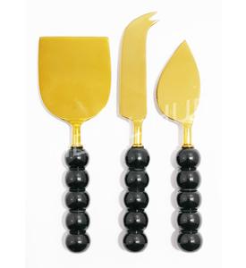 Elegante juego de cuchillos de queso dorados con asas de cuentas negras refinadas, perfecto para organizar ocasiones especiales de la India - Product Image 4