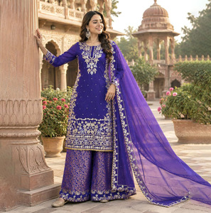 Trending Purple Embroidered Crepe Cotton Flared Plazzo Suit Women's Summer Wedding Party Wear <b>Eid</b> Traditional Indian <b>Pakistani</b> - Product Image 1