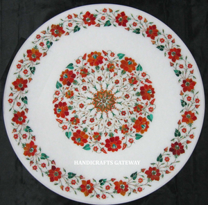 ท็อปโต๊ะกาแฟทรงกลมแบบฝังลายดอกไม้หินอ่อนสีขาวสีแดงงานดีไซน์ที่น่าสนใจทำด้วยมือท็อปหินอ่อนธรรมชาติ - Product Image 1