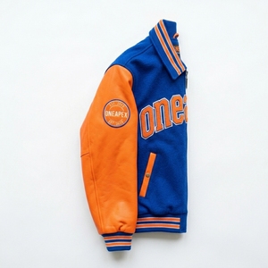 Chaqueta de lana azul real y naranja para hombre con cremallera, logotipo bordado personalizado, cuello y puños de punto acanalado, estilo urbano, fabricante mayorista - Product Image 3