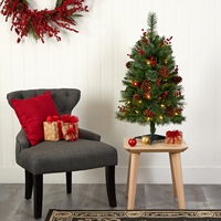 3 pieds. Arbre de Noël artificiel pré-éclairé en PE de Norvège mixte décoratif naturel et baies avec lumières LED pour fournitures de fête à la maison