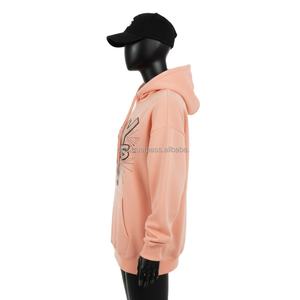 เสื้อฮู้ดผ้าฝ้าย GSM สำหรับผู้หญิงผ้าคอตตอนโพลีเอสเตอร์มีฮู้ดเสื้อสวมหัวสีพีชดีไซน์พลอยเทียมตามสั่ง - Product Image 3