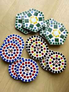 Flower Pattern Round <b>Glass</b> Mosaic <b>Coaster</b> Cement Base Drink Cup Mat Table Protection Dining Kitchenware Restaurant Barwares Pads - Product Image 2