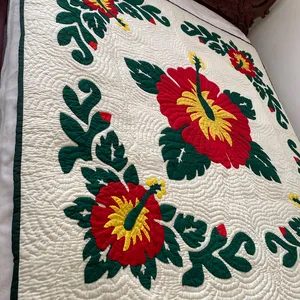 Hawaiian quilts bedspread with two pillow covers in Flower design with handmade embroidery work for bed 60 inch by 80 inch