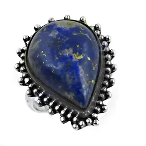 Art Palace 925 Silver <b>Lapis</b> <b>Lazuli</b> <b>Ring</b> Water Drop Shape Bezel Setting Bohemia Style Gemstone Unisex Everyday Wear Rajasthan - Product Image 1