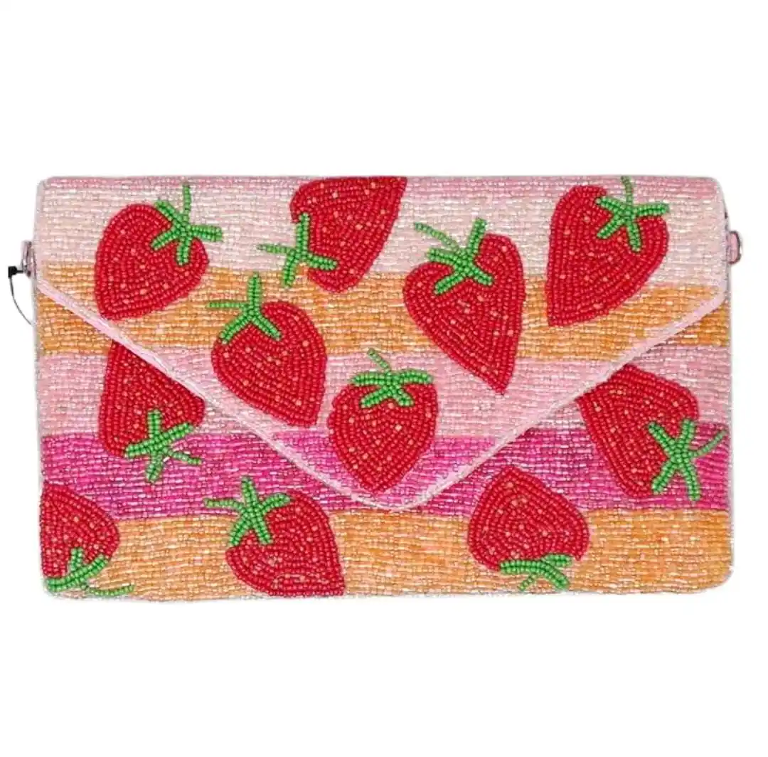 Strawberry And Flamingo Pool Party Seed Beaded Crossbody Chain Clutch Fashion Gift Bag