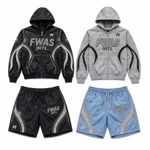 DiZNEW Mens Cotton Zip up Hoodie and Distressed Shorts Sets Patchwork Embroidery Washed Streetwear Custom Logo OEM ODM Wholesale - Product Image 3