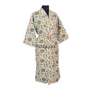 Hand-Stitched Elegant White 100% Cotton Kimono Bath Robe Multi Kantha Quilted Cut Work <b>Cardigan</b> for Summer Spring Home Nightwear - Product Image 5