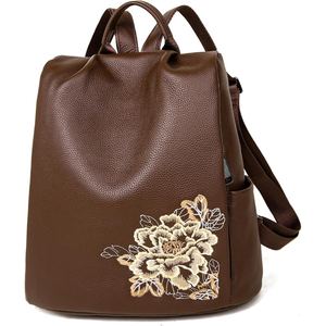 Women's Genuine Goat Leather Embroidered Backpack Durable Structure Travel <b>Office</b> School Everyday Bag - Product Image 3