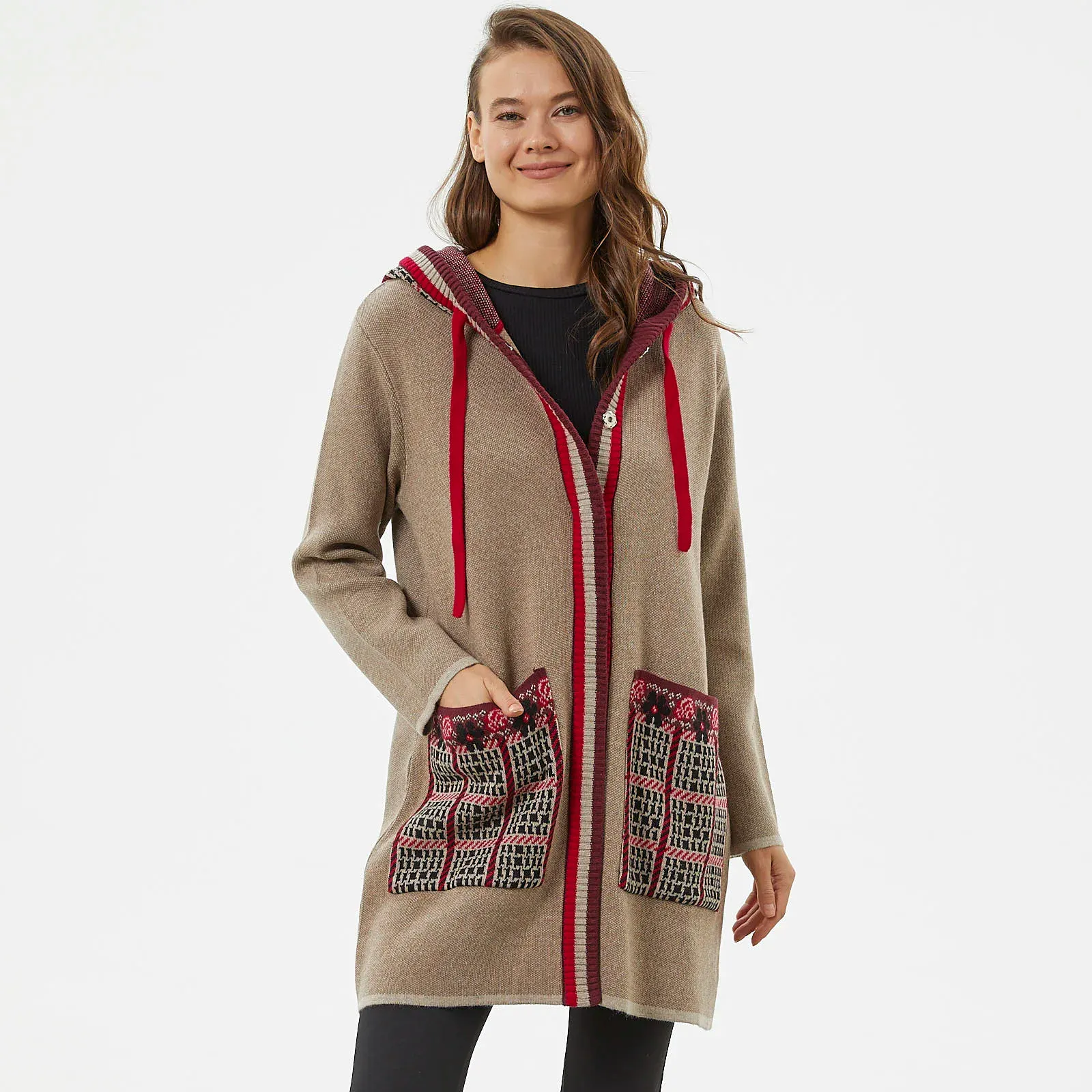 Women's Patterned Hooded Cardigan With Big Pockets