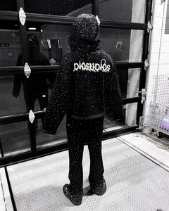 Sudadera con capucha recortada y pantalones de chándal acampanados con estampado personalizado Sun Faded Distress Acid Wash All Over Print, chándal con diamantes de imitación, chándal 2025 - Product Image 1