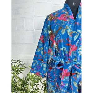 Robe de luxe unisexe, bleu floral, velours Malibu bleuâtre, veste kimono réversible doublée de soie, douce, cadeau automne-hiver - Product Image 4