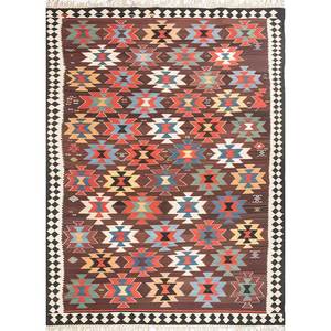 พรมขนสัตว์ทอมือสีเบจและสีน้ำตาลลายเรขาคณิตและลวดลายนามธรรมสำหรับห้องนั่งเล่น ห้องโถง หรือพื้นที่วัยรุ่น รุ่น Paem-788 - Product Image 1