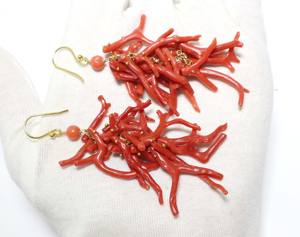 ต่างหูเม็ดกลมสีทอง14K สไตล์อิตาลีสีแดงปะการังแท่งและช่อสำหรับงานเลี้ยง - Product Image 4