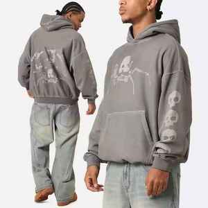2025 Street Style Custom Fashion Men's Oversized Pullover Hoodie Front Spring Autumn Washed Grey Skullhead Pattern Venta al por mayor - Product Image 5