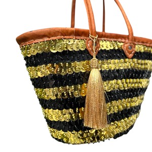 Sac fourre-tout en paille noir et or à sequins avec poignée en cuir, ouverture supérieure, style bohème marocain, pour l'été et le printemps, sac de plage unisexe - Product Image 4
