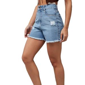 Shorts en jean déchiré taille haute écologiques pour femme, style vintage, ourlet effiloché, bleu clair, en coton respirant, idéal pour l'été - Product Image 1