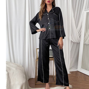 Ensemble de pyjama 2 pièces en soie/polyester décontracté pour femmes avec haut boutonné et pantalon long respirant et écologique - Product Image 3