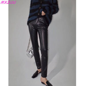 Black/White Genuine Leather Pencile Pants Sheepskin Classic High Waist Skinny <b>Trousers</b> Stretch Leggings for <b>Women</b> Pantalon Mujer - Product Image 4