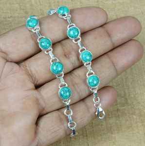 Pulsera Ajustable de Plata de Ley 925 con Turquesa Azul, Gema Redonda, Joyería Hecha a Mano para Mujer, Regalo de Moda - Product Image 5