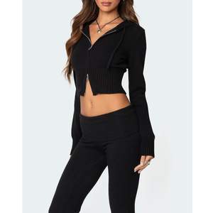 Women's Retro Y2K Streetwear Two-Piece Flared Tracksuit with <b>Zip</b> <b>Hooded</b> Collar and Bootcut Pants Custom Logo Sportswear - Product Image 6