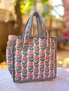 กระเป๋าผ้าฝ้ายพิมพ์ลายบล็อกอินเดียแบบควิลท์สำหรับผู้หญิง ดีไซน์สองชั้น ลายเรขาคณิต แฟชั่นฤดูร้อน/ฤดูหนาว ใช้สะพายไหล่สำหรับใส่ของช้อปปิ้ง - Product Image 4