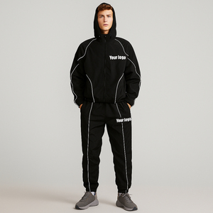 Veste et pantalon de sport en nylon réfléchissant zippé en polyester personnalisé, combinaison de jogging coupe-vent en nylon - Product Image 3