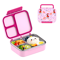 Boîte à lunch pour enfants avec couvercle rabattable, 3 compartiments, sans BPA, plateau intérieur en acier inoxydable 304, avec poignée et étiquette nominative