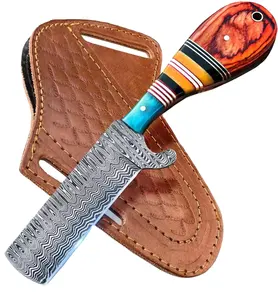 Pisau pemotong banteng baja Damaskus buatan tangan dari kayu pisau skinny koboi dengan Aksesori pisau cukur selubung kulit