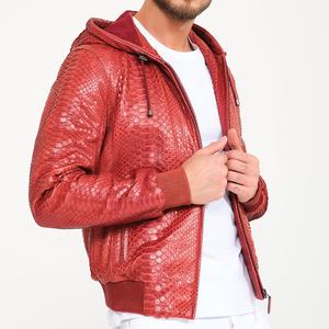 Men's Genuine <b>Red</b> Leather Hooded <b>Jacket</b> Snake Print Python Embossing Casual Winter Style Zipper Closure Animal Pattern ODM - Product Image 3