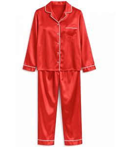 Conjunto de Pijama de Seda Satén Rojo Brillante para Mujer, Fabricante, Botones, Manga Larga, Ropa de Dormir de Lujo, Suave y Lisa, Ropa de Estar por Casa - Product Image 1