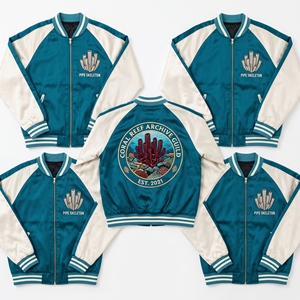 Chaqueta Varsity al por mayor de satén con botones a presión, estilo raglán, en negro, champán, dorado, con bordado en la espalda y detalles de gemas ópticas de Feldspar. - Product Image 4