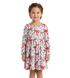 Robe de noël imprimée à manches longues pour filles, robe trapèze en coton avec motif de nœud papillon, longueur aux genoux, vêtements d'hiver pour enfants - Product Image 4