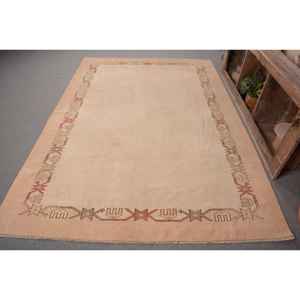 Vintage Turkish Rug Traditional Beige 6.2 X 8.8 ft Patchwork Pattern Wool and Viscose Latex Backing for Entryway or Bedside - Product Image 1