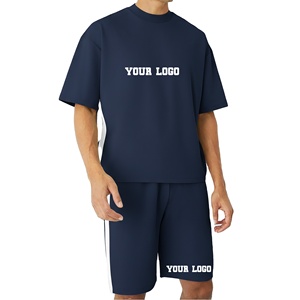 Nouveauté : Ensemble short et t-shirt streetwear 100 % coton 250 GSM respirant, coupe ample, empiècements latéraux surdimensionnés, léger - Product Image 1