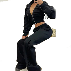 Oem Custom Tracksuits for Women Clothing Cotton Jersey Long Sleeves Full Zip up Jackets <b>Top</b> and Wide Leg Pants Gym Athletic Wear - Product Image 4