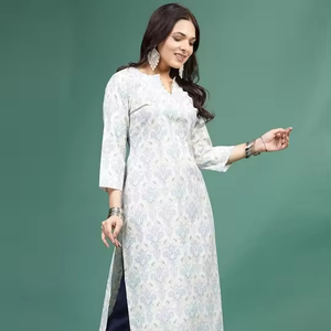 Offre Exceptionnelle 2023 : Robe Kurta Droite à Col en V et Manches Longues pour Femme, Imprimé Floral, Coton Élégant, Estival, Imprimé par Décoloration - Product Image 1