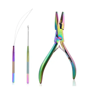 Titanium color coated Hair Extensions stainless steel Pliers and Needle 3 Micro Ring Link Bead With PU Leather Case