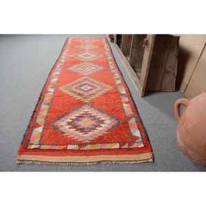 Alfombra roja Kilim turca Vintage, 2,8x10,9 pies, área grande, respaldo de látex de lana, patrón de retazos para adolescentes, modelo de pasillo rectangular de 10mm - Product Image 2