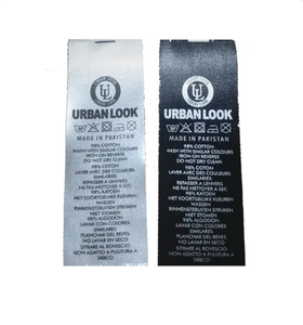 Étiquettes de vêtements personnalisées écologiques tissées, bord découpé au laser, 100 % polyester, étiquettes principales, étiquettes de col, autres applications, en rouleau - Product Image 1