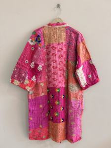 <b>Silk</b> Kantha Patchwork <b>Kimono</b> Robe Vintage Handmade Patola <b>Silk</b> Duster Jacket - Product Image 5