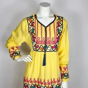 Vestido Maxi Boho de Algodón con Cuello en V para Mujer, Elegante, Bordado Floral, Largo hasta el Suelo, Cintura Natural - Product Image 1