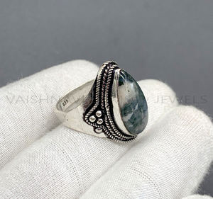 Nouvelle mode, bague de mariage en agate mousse de forme poire 9x18mm, faite à la main, argent sterling 925, bijoux bohèmes pour femmes, oxydé - Product Image 2
