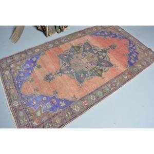 Vintage 4 X 7.3ft Turc Oriental Tapis Classique Grande Surface Laine Latex Rectangle Patchwork Design Orange Violet Exposition Couloir - Product Image 2