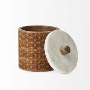 NEW ARRIVAL Wooden Storage Jar with Wave Pattern Carving and Marble Lid Handcrafted Mango Wood Modern Decor - Product Image 4