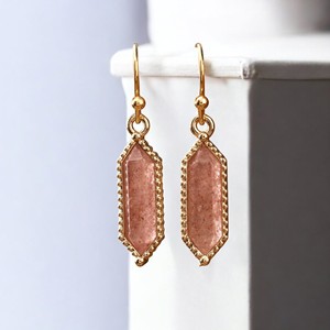 Pointed Hexagon Strawberry Quartz Gemstone <b>Drop</b> <b>Earrings</b> - Gold Plated Bezel <b>Earrings</b> - 925 <b>Silver</b> <b>Earrings</b> - Product Image 1