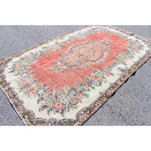 Tapis 6x10 pieds, tapis turc vintage, tapis rouge et bleu avec motifs de plantes et d'arbres - Product Image 2
